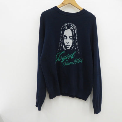 【中古】X-girl | エックスガール CURSIVE LOGO AND FACE ニット 105261015001 ネイビー サイズ：FreeSize【瀬戸大橋店】
