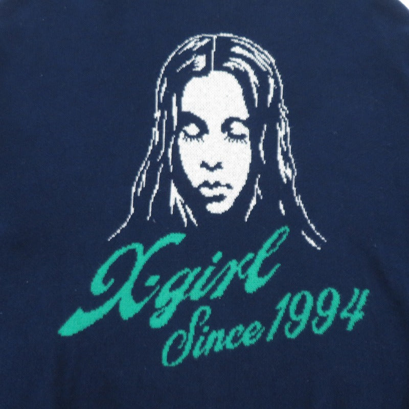 【中古】X-girl | エックスガール CURSIVE LOGO AND FACE ニット 105261015001 ネイビー サイズ：FreeSize【瀬戸大橋店】