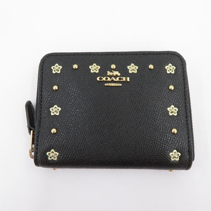 COACH | コーチ フローラル リベット スモール ジップアラウンドウォレット 二つ折り財布 G1877-F39125 クロスグレインレザー ブラック【瀬戸大橋店】