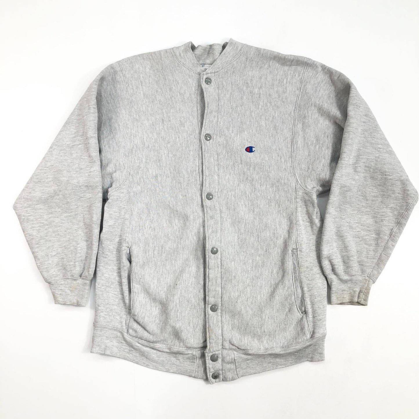【中古】Champion | チャンピオン 90年代 REVERSE WEAVE リバースウィーブ スナップカーディガン 刺繍タグ カーディガン グレー サイズ：L【加古川物流】