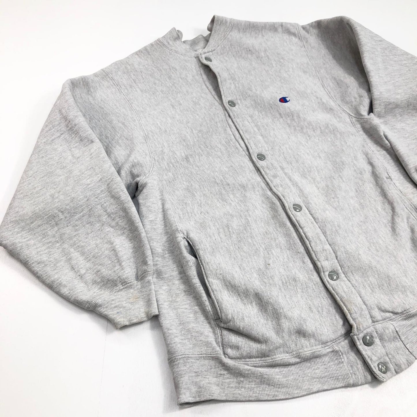 【中古】Champion | チャンピオン 90年代 REVERSE WEAVE リバースウィーブ スナップカーディガン 刺繍タグ カーディガン グレー サイズ：L【加古川物流】