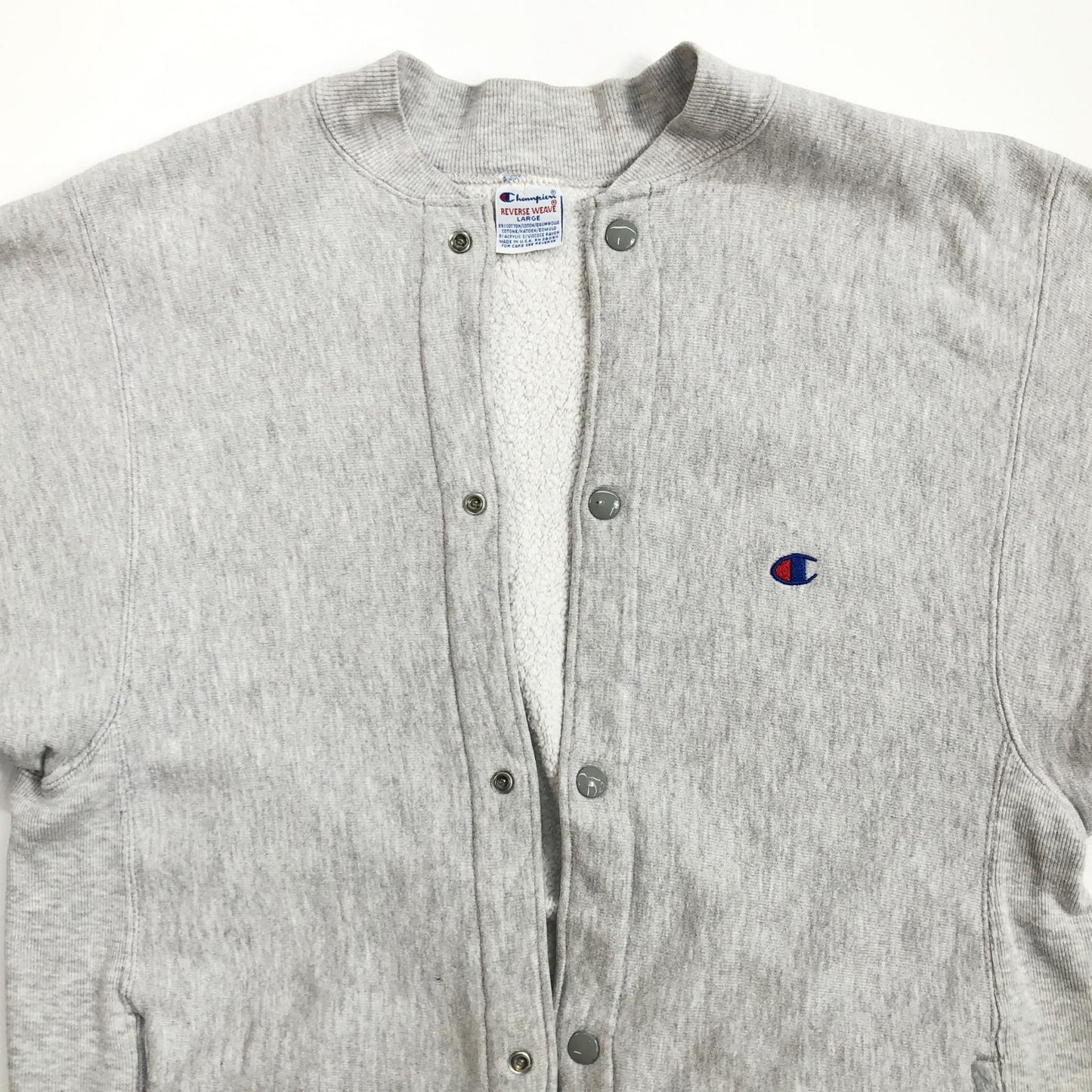 【中古】Champion | チャンピオン 90年代 REVERSE WEAVE リバースウィーブ スナップカーディガン 刺繍タグ カーディガン グレー サイズ：L【加古川物流】