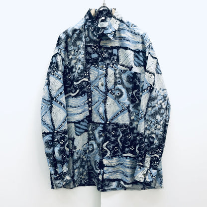 [Used] Long-sleeved shirt C&amp;A 80s-90s Long-sleeved all-over print shirt All-over print Surreal collage pattern Light blue and purple/black XL Multicolor Size: L [Kakogawa Logistics] 