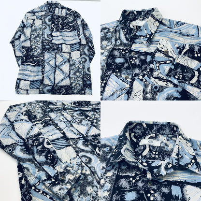 [Used] Long-sleeved shirt C&amp;A 80s-90s Long-sleeved all-over print shirt All-over print Surreal collage pattern Light blue and purple/black XL Multicolor Size: L [Kakogawa Logistics] 