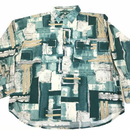 [Used] Long-sleeved shirt, 80s? 90s, all-over print shirt, cotton shirt, green, XXL, long sleeves, -12, others [Kakogawa Logistics] 