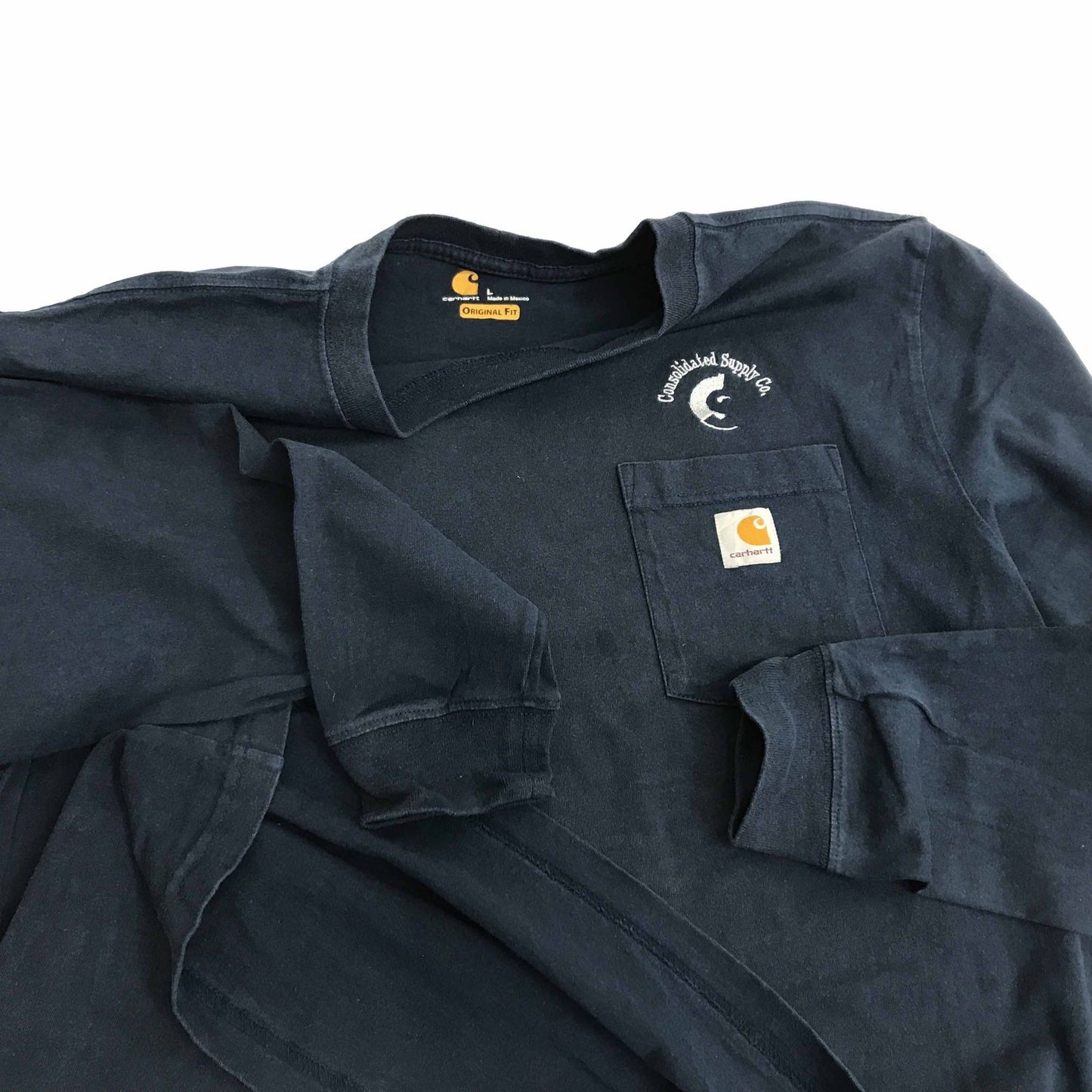【中古】Carhartt | カーハート 半袖Ｔシャツ カーハート ORIGINAL FIT ワンポイントロゴ 胸企業刺繍入り ポケットTシャツ ポケＴ ネイビー L 長袖 ネイビー サイズ：L【加古川物流】