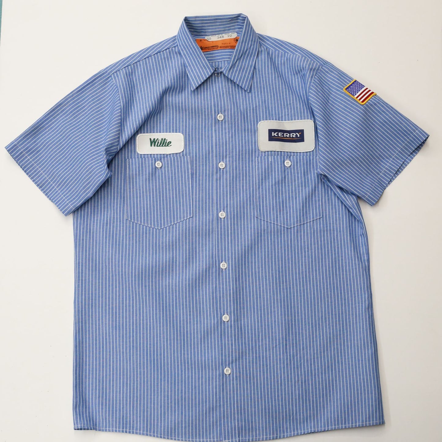 【中古】 半袖シャツ テックスリリース 半袖ワークシャツ ストライプ KERRY ワッペンM ブルー サイズ：M【加古川物流】