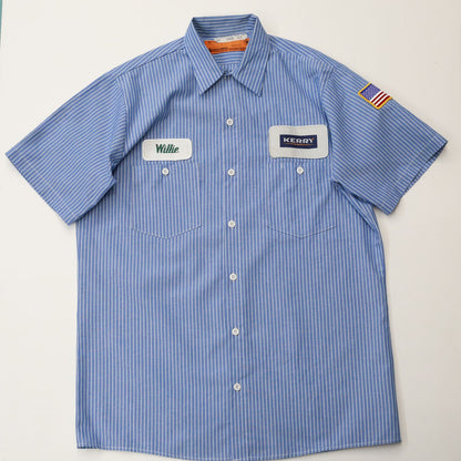 【中古】 半袖シャツ テックスリリース 半袖ワークシャツ ストライプ KERRY ワッペンM ブルー サイズ：M【加古川物流】