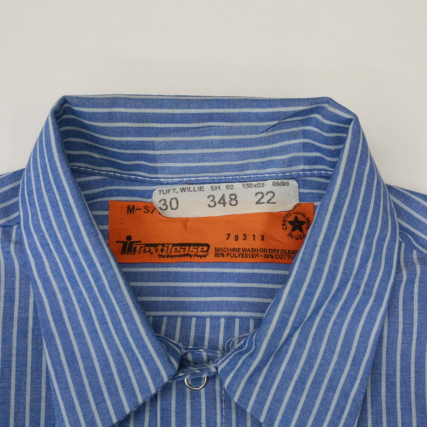 【中古】 半袖シャツ テックスリリース 半袖ワークシャツ ストライプ KERRY ワッペンM ブルー サイズ：M【加古川物流】