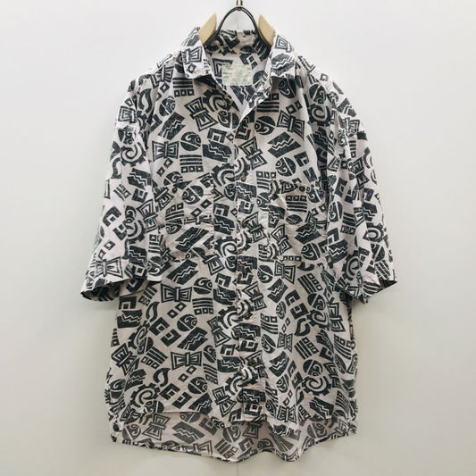 【中古】 半袖シャツ 80～90年代 ピンクとブラック ポップエスニック全柄 総柄半袖 シャツ アロハシャツ ロカビリー風？ XL ピンク【加古川物流】