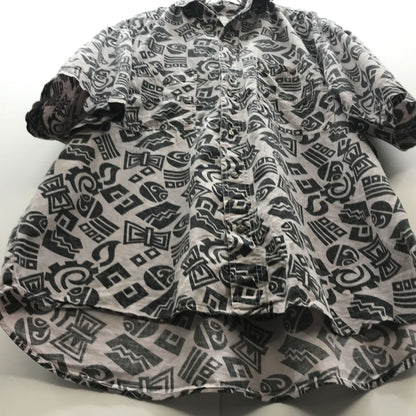 【中古】 半袖シャツ 80～90年代 ピンクとブラック ポップエスニック全柄 総柄半袖 シャツ アロハシャツ ロカビリー風？ XL ピンク【加古川物流】