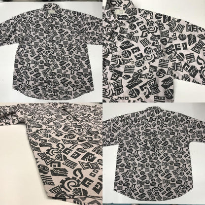 【中古】 半袖シャツ 80～90年代 ピンクとブラック ポップエスニック全柄 総柄半袖 シャツ アロハシャツ ロカビリー風？ XL ピンク【加古川物流】