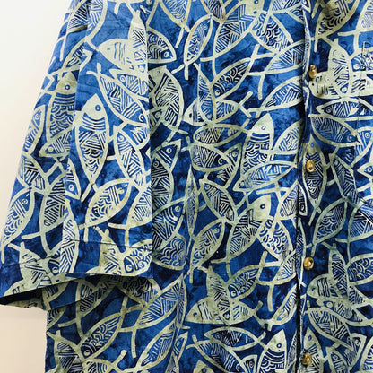 [Used] Orvis long-sleeved shirt, 90s-00s, short-sleeved all-over print shirt, fish pattern, tie-dye style, all-over print shirt, equivalent to XXL, blue, size L [Kakogawa Logistics] 