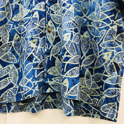 [Used] Orvis long-sleeved shirt, 90s-00s, short-sleeved all-over print shirt, fish pattern, tie-dye style, all-over print shirt, equivalent to XXL, blue, size L [Kakogawa Logistics] 