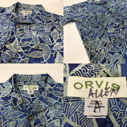[Used] Orvis long-sleeved shirt, 90s-00s, short-sleeved all-over print shirt, fish pattern, tie-dye style, all-over print shirt, equivalent to XXL, blue, size L [Kakogawa Logistics] 