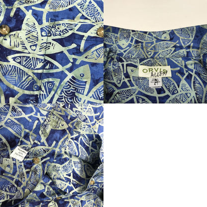 [Used] Orvis long-sleeved shirt, 90s-00s, short-sleeved all-over print shirt, fish pattern, tie-dye style, all-over print shirt, equivalent to XXL, blue, size L [Kakogawa Logistics] 