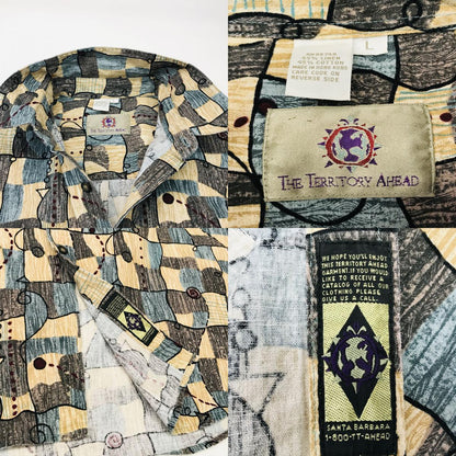 [Used] Long-sleeved shirt Territory Ahead Linen-blend heavy cotton Short-sleeved shirt Pop ethnic art pattern XXL Multicolor Size: L [Kakogawa Logistics] 