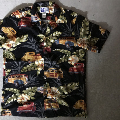 [Used] RJC | RJC Short Sleeve Shirt 70s-80s RJC Aloha Hawaiian Shirt Black WOODY WAGON Pattern Black Size: L [Kakogawa Logistics] 