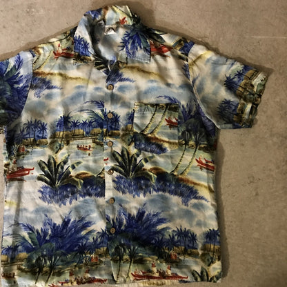 [Used] Short-sleeved shirt, 70s-80s, KENNINGTON, Aloha, Hawaiian shirt, light blue, vintage pattern, blue, size L [Kakogawa Logistics] 
