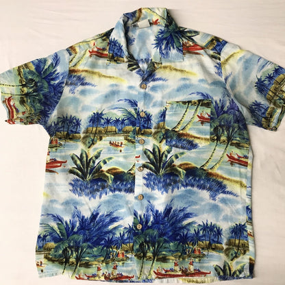 [Used] Short-sleeved shirt, 70s-80s, KENNINGTON, Aloha, Hawaiian shirt, light blue, vintage pattern, blue, size L [Kakogawa Logistics] 