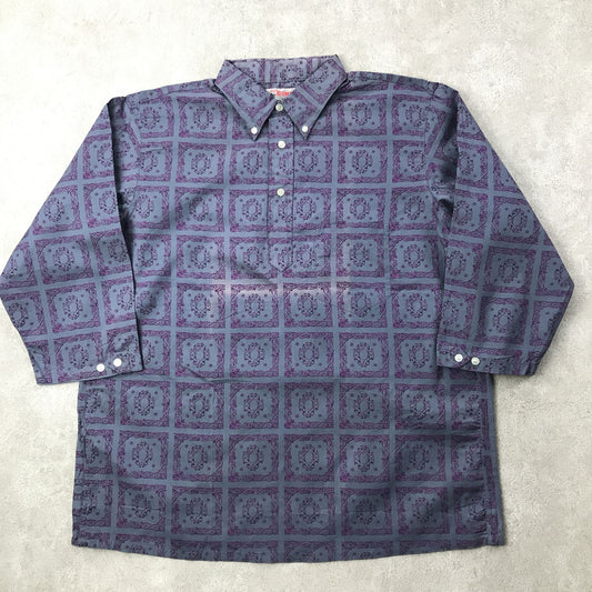 【中古】 半袖シャツ L 60年代 デッドストック米国製 BUD BERMA 総柄 レトロ柄 7分袖 コットン柄シャツ プルオーバーシャツ MADE IN USA グレー サイズ:L【加古川物流】
