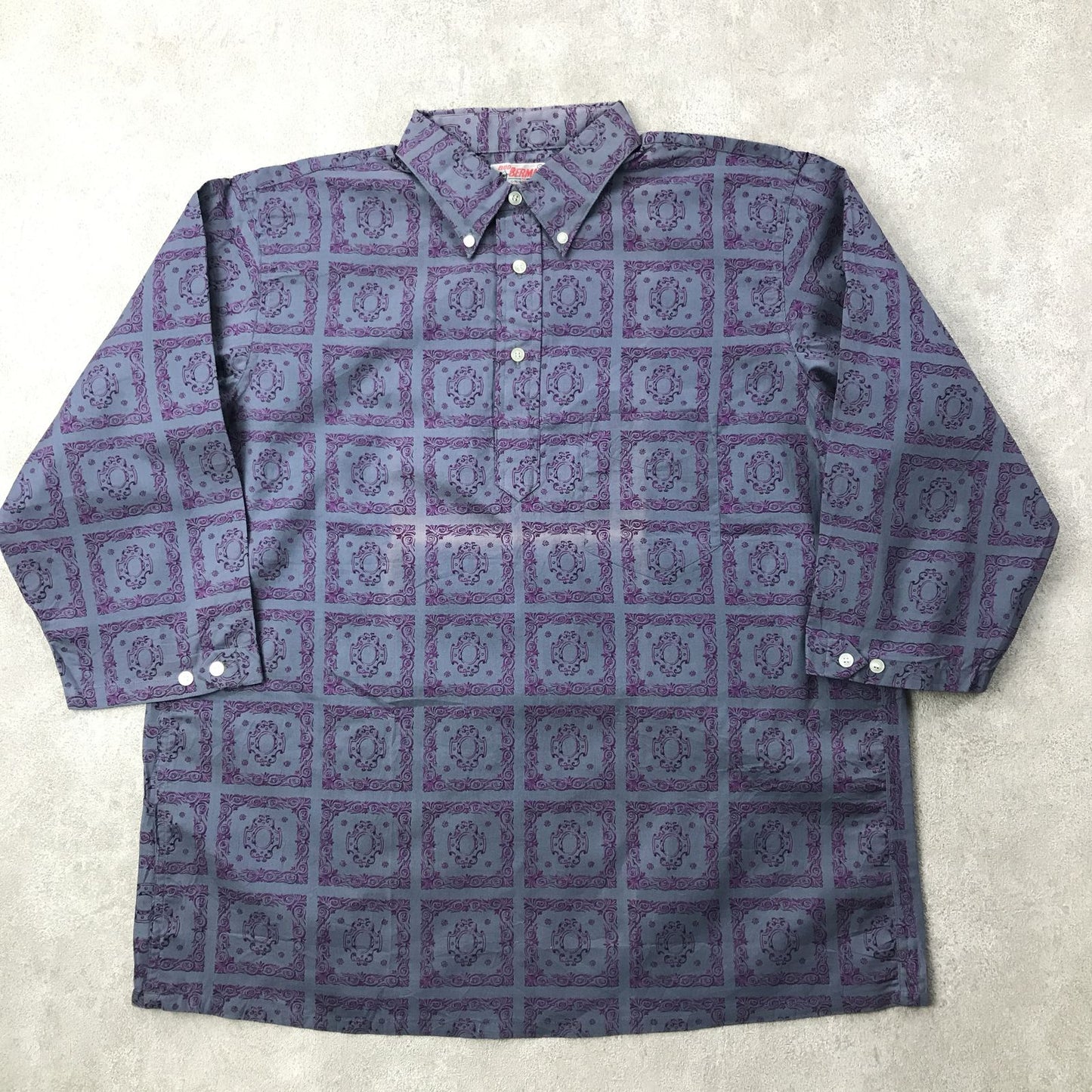 【中古】 半袖シャツ L 60年代 デッドストック米国製 BUD BERMA 総柄 レトロ柄 7分袖 コットン柄シャツ プルオーバーシャツ MADE IN USA グレー サイズ：L【加古川物流】