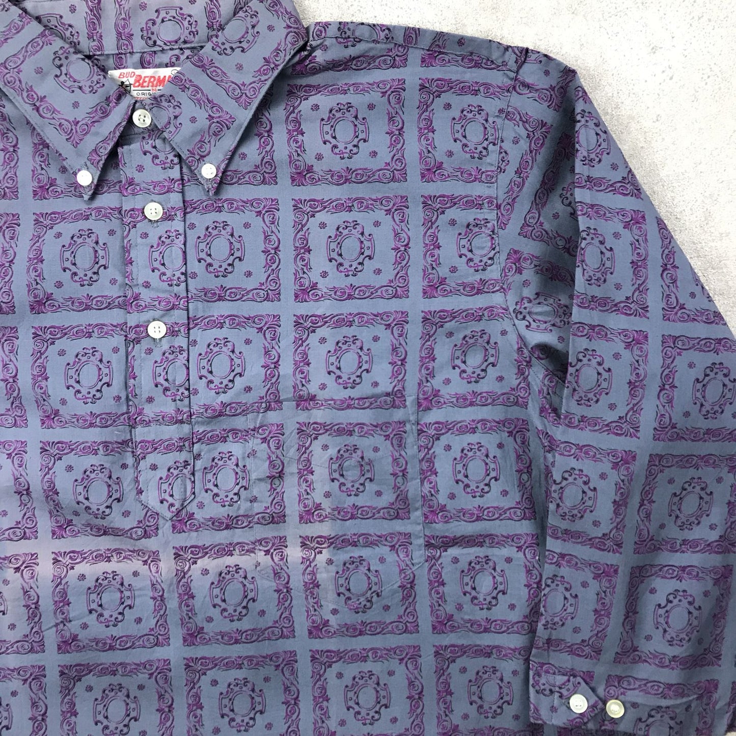 【中古】 半袖シャツ L 60年代 デッドストック米国製 BUD BERMA 総柄 レトロ柄 7分袖 コットン柄シャツ プルオーバーシャツ MADE IN USA グレー サイズ：L【加古川物流】