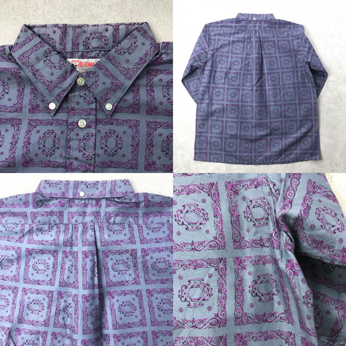 【中古】 半袖シャツ L 60年代 デッドストック米国製 BUD BERMA 総柄 レトロ柄 7分袖 コットン柄シャツ プルオーバーシャツ MADE IN USA グレー サイズ：L【加古川物流】