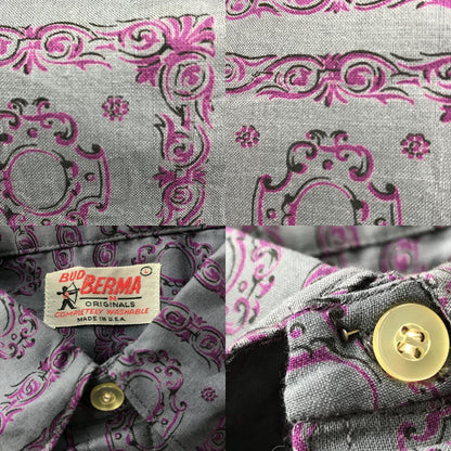 [Used] Short-sleeved shirt L 60s deadstock made in the USA BUD BERMA all-over pattern retro pattern 3/4 sleeve cotton pattern shirt pullover shirt MADE IN USA gray size: L [Kakogawa Logistics] 