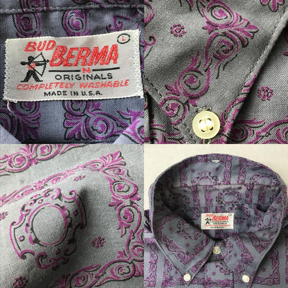 [Used] Short-sleeved shirt L 60s deadstock made in the USA BUD BERMA all-over pattern retro pattern 3/4 sleeve cotton pattern shirt pullover shirt MADE IN USA gray size: L [Kakogawa Logistics] 