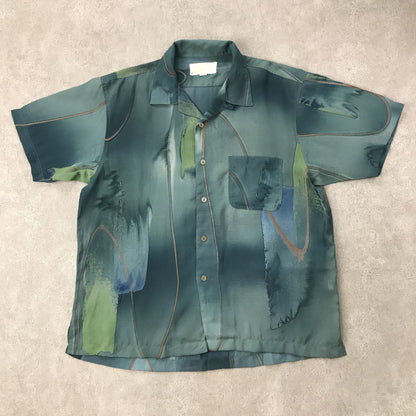 [Used] Short-sleeved shirt L 90s all-over pattern open shirt polyester short-sleeved shirt watercolor-style floating on the water art pattern vintage green size: L [Kakogawa Logistics] 