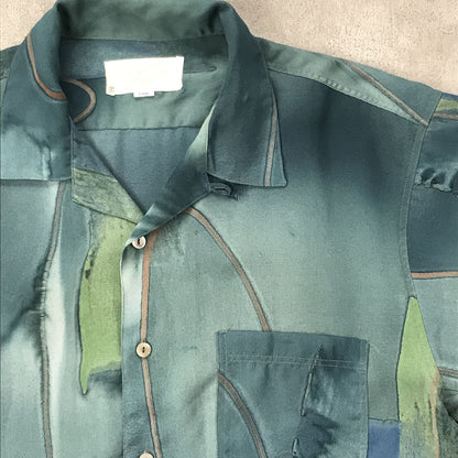 [Used] Short-sleeved shirt L 90s all-over pattern open shirt polyester short-sleeved shirt watercolor-style floating on the water art pattern vintage green size: L [Kakogawa Logistics] 
