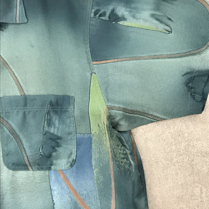 [Used] Short-sleeved shirt L 90s all-over pattern open shirt polyester short-sleeved shirt watercolor-style floating on the water art pattern vintage green size: L [Kakogawa Logistics] 