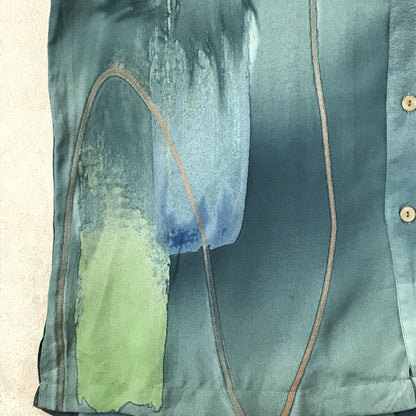 [Used] Short-sleeved shirt L 90s all-over pattern open shirt polyester short-sleeved shirt watercolor-style floating on the water art pattern vintage green size: L [Kakogawa Logistics] 