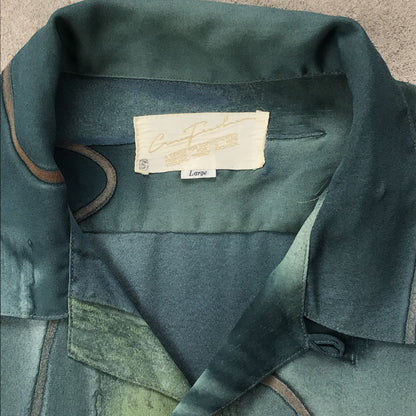 [Used] Short-sleeved shirt L 90s all-over pattern open shirt polyester short-sleeved shirt watercolor-style floating on the water art pattern vintage green size: L [Kakogawa Logistics] 