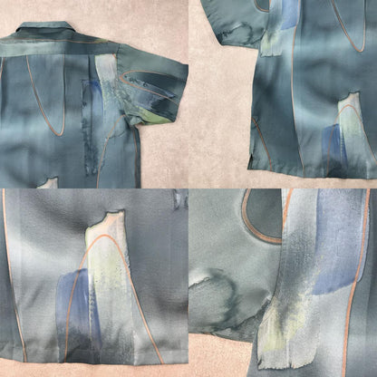 [Used] Short-sleeved shirt L 90s all-over pattern open shirt polyester short-sleeved shirt watercolor-style floating on the water art pattern vintage green size: L [Kakogawa Logistics] 