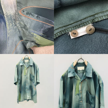[Used] Short-sleeved shirt L 90s all-over pattern open shirt polyester short-sleeved shirt watercolor-style floating on the water art pattern vintage green size: L [Kakogawa Logistics] 