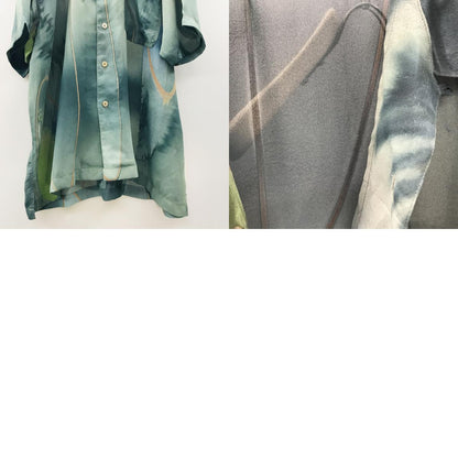 [Used] Short-sleeved shirt L 90s all-over pattern open shirt polyester short-sleeved shirt watercolor-style floating on the water art pattern vintage green size: L [Kakogawa Logistics] 