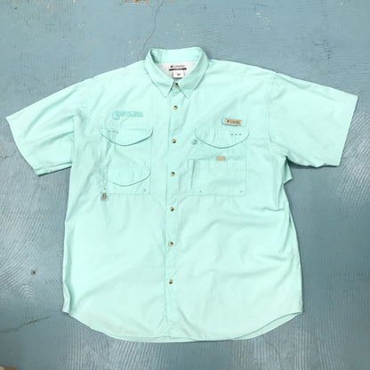 [Used] Short-sleeved shirt XL COLUMBIA PFG FM7130 Columbia 100% cotton type with company embroidery Short-sleeved fishing shirt S/S SHIRT Short sleeve Sherbet green Bonehead green Size: XL [Kakogawa Logistics] 