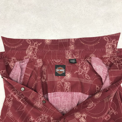 [Used] HARLEY-DAVIDSON | Harley Davidson short-sleeved shirt Harley-Davidson rayon blend vintage shirt 90s Harley Davidson HARLEY DAVIDSON motorcycle pattern aloha shirt all-over print shirt burgundy Bordeaux/Burgundy size: L [Kakogawa Logistics] 