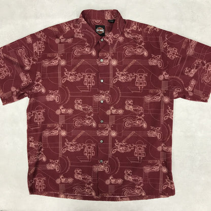 [Used] HARLEY-DAVIDSON | Harley Davidson short-sleeved shirt Harley-Davidson rayon blend vintage shirt 90s Harley Davidson HARLEY DAVIDSON motorcycle pattern aloha shirt all-over print shirt burgundy Bordeaux/Burgundy size: L [Kakogawa Logistics] 