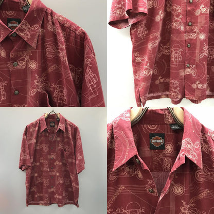 [Used] HARLEY-DAVIDSON | Harley Davidson short-sleeved shirt Harley-Davidson rayon blend vintage shirt 90s Harley Davidson HARLEY DAVIDSON motorcycle pattern aloha shirt all-over print shirt burgundy Bordeaux/Burgundy size: L [Kakogawa Logistics] 