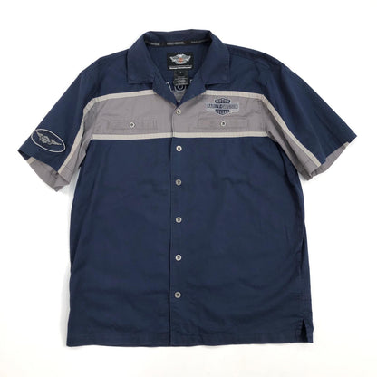 【中古】HARLEY-DAVIDSON | ハーレーダビットソン 背面デカロゴ ワークシャツ 半袖シャツ ネイビー サイズ：L【加古川物流】