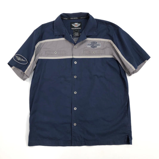 【中古】HARLEY-DAVIDSON | ハーレーダビットソン 背面デカロゴ ワークシャツ 半袖シャツ ネイビー サイズ：L【加古川物流】