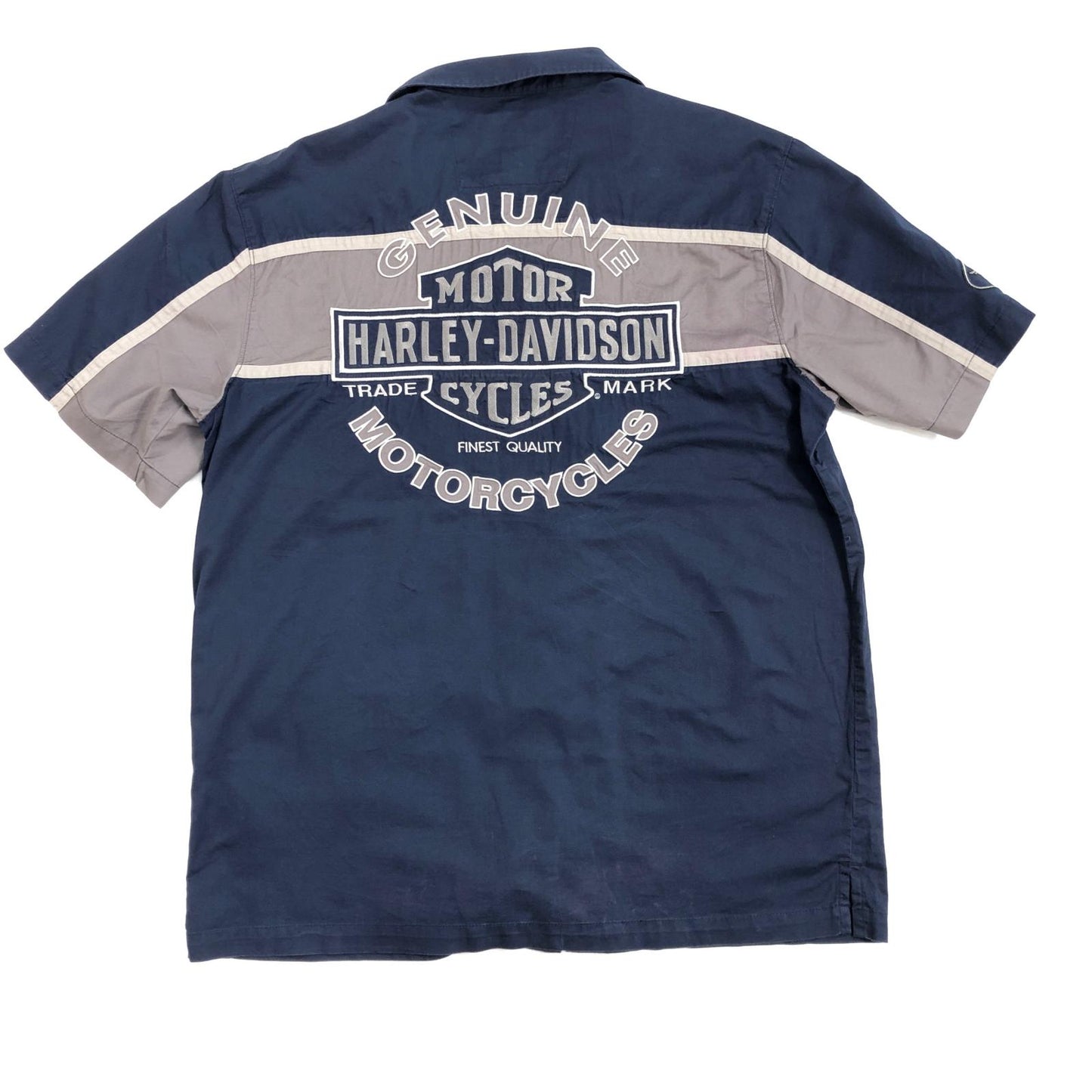 【中古】HARLEY-DAVIDSON | ハーレーダビットソン 背面デカロゴ ワークシャツ 半袖シャツ ネイビー サイズ：L【加古川物流】