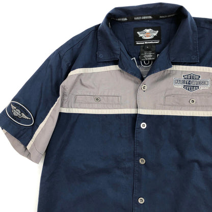 【中古】HARLEY-DAVIDSON | ハーレーダビットソン 背面デカロゴ ワークシャツ 半袖シャツ ネイビー サイズ：L【加古川物流】