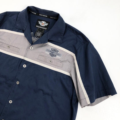 【中古】HARLEY-DAVIDSON | ハーレーダビットソン 背面デカロゴ ワークシャツ 半袖シャツ ネイビー サイズ：L【加古川物流】
