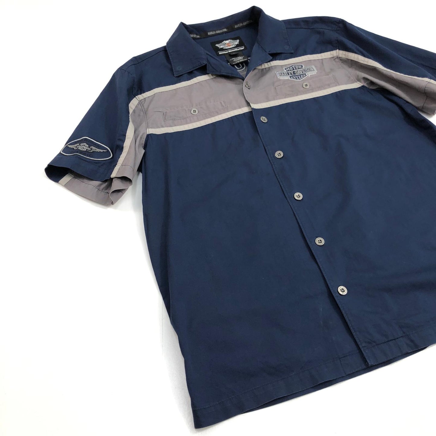 【中古】HARLEY-DAVIDSON | ハーレーダビットソン 背面デカロゴ ワークシャツ 半袖シャツ ネイビー サイズ：L【加古川物流】