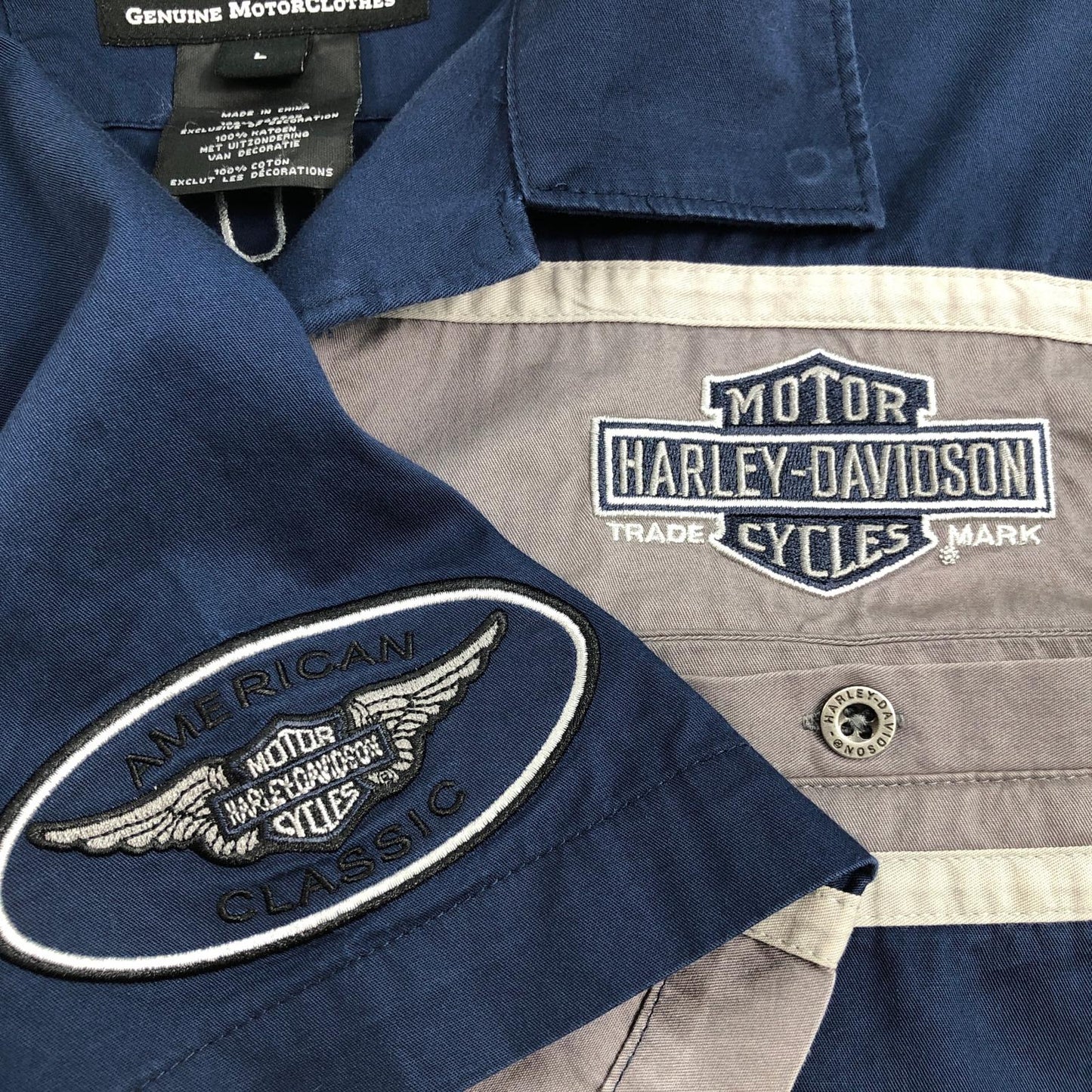 【中古】HARLEY-DAVIDSON | ハーレーダビットソン 背面デカロゴ ワークシャツ 半袖シャツ ネイビー サイズ：L【加古川物流】