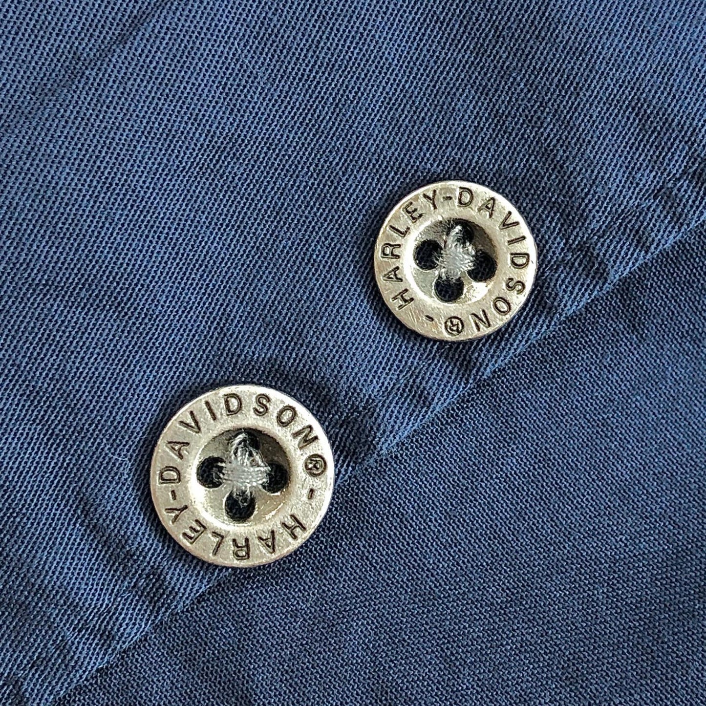 【中古】HARLEY-DAVIDSON | ハーレーダビットソン 背面デカロゴ ワークシャツ 半袖シャツ ネイビー サイズ：L【加古川物流】